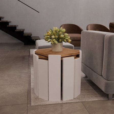 Eco Room İnci 3'lü Sekizgen Zigon Sehpa - Atlantik Çam / Beyaz - 38,5x36x36 cm