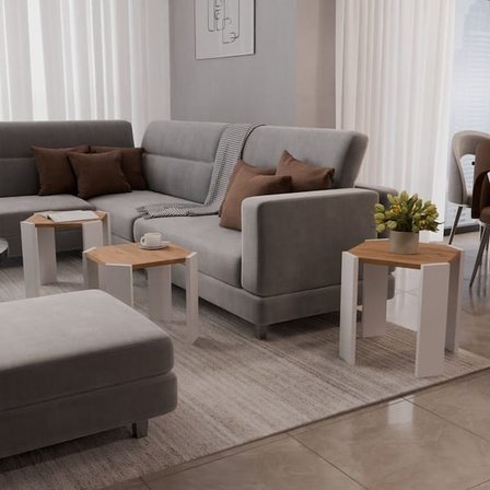Eco Room İnci 3'lü Sekizgen Zigon Sehpa - Atlantik Çam / Beyaz - 38,5x36x36 cm