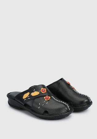 Siyah Deri Kadın Konfor Terlik