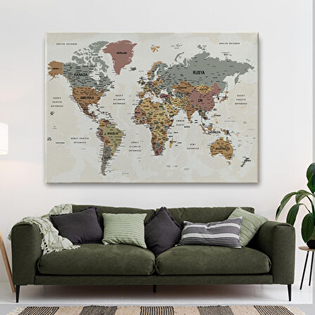 Harita Sepeti Türkçe Dünya Haritası Ayrıntılı Eğitici-Öğretici Okyanuslu Dekoratif Kanvas Tablo 2550