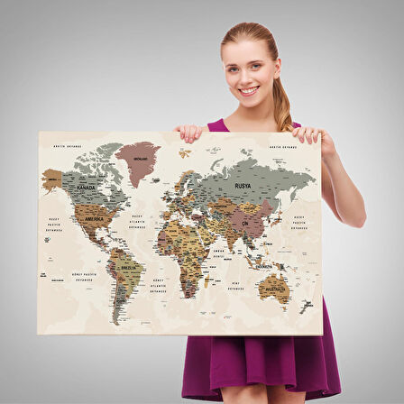 Harita Sepeti Türkçe Dünya Haritası Ayrıntılı Eğitici-Öğretici Okyanuslu Dekoratif Kanvas Tablo 2550