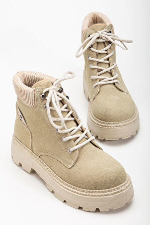 Kadın Bej Süet Bağcıklı Kaymaz Taban Bot