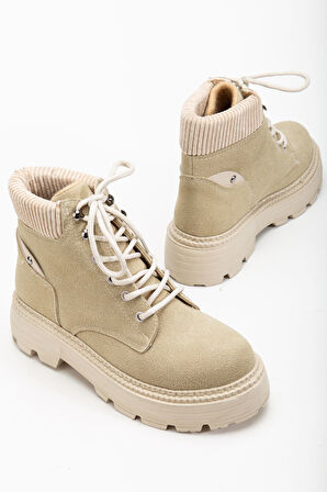 Kadın Bej Süet Bağcıklı Kaymaz Taban Bot