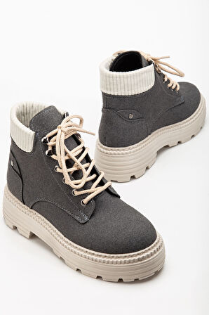 Kadın Gri Süet Bağcıklı Kaymaz Taban Bot 