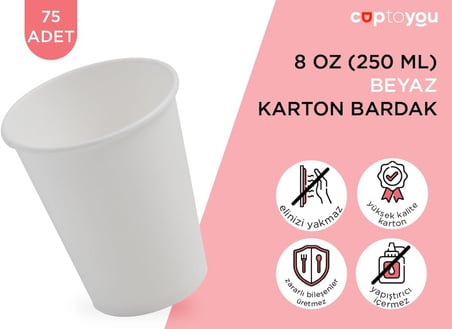 75 adet tek kullanımlık karton bardak 8 oz 250 ml, beyaz sıcak bardaklar, kağıt meyve suyu bardağı, parti karton bardakları