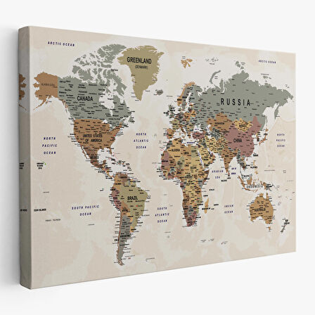Harita Sepeti Dünya Haritası Son Derece Ayrıntılı Eğitici Okyanuslu Dekoratif Kanvas Tablo 2551