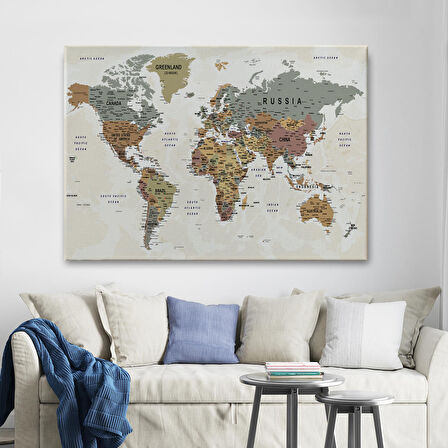 Harita Sepeti Dünya Haritası Son Derece Ayrıntılı Eğitici Okyanuslu Dekoratif Kanvas Tablo 2551