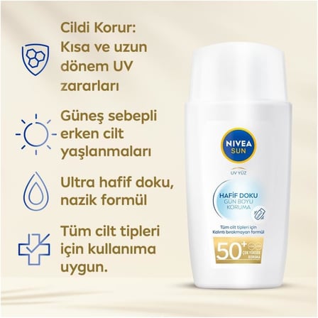 NIVEA SUN SPF50+ Hafif Dokulu Güneş Koruyucu Yüz Kremi 40ml, Yüksek Güneş Koruyucu, Erken Yaşlanma Karşıtı, Tüm Cilt Tipleri