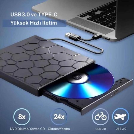 TechTic 8’si 1 Arada Harici CD DVD Yazıcı USB 3.0 Type-C – Çoklu USB Hub, SD/TF Kart Okuyucu, Taşınabilir Optik Sürücü
