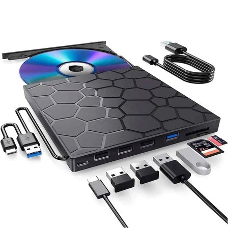 TechTic 8’si 1 Arada Harici CD DVD Yazıcı USB 3.0 Type-C – Çoklu USB Hub, SD/TF Kart Okuyucu, Taşınabilir Optik Sürücü