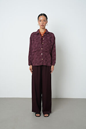 Kadın Bordo Renk Çift Cepli Desenli Gömlek - Ceket