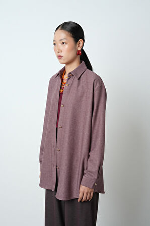 Kadın Bordo Renk Düz Altın Düğme Detaylı Oversize Tesettür Gömlek