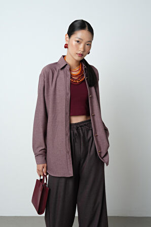 Kadın Bordo Renk Düz Altın Düğme Detaylı Oversize Tesettür Gömlek