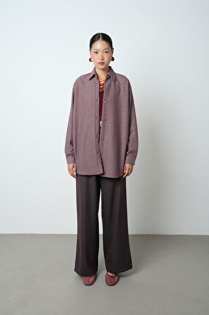 Kadın Bordo Renk Düz Altın Düğme Detaylı Oversize Tesettür Gömlek