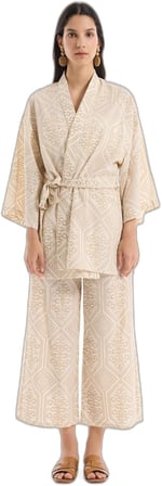 Etnik Desenli Bağlamalı Kısa Kimono Naturel