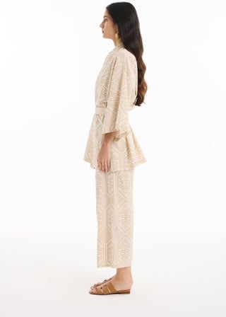 Etnik Desenli Bağlamalı Kısa Kimono Naturel