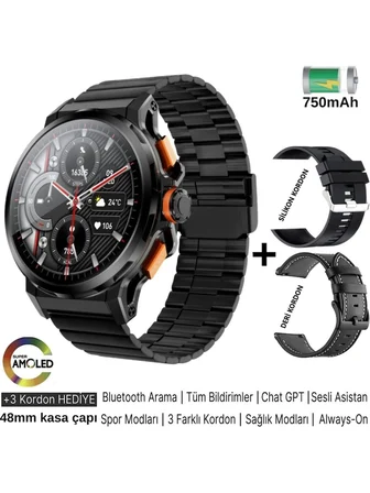 Kalobee SK43 Akıllı Saat Ultra Kaliteli 3 Kordonlu Amoled Ekran/sesli GÖRÜŞME/48MM KASA/750MAH Pil