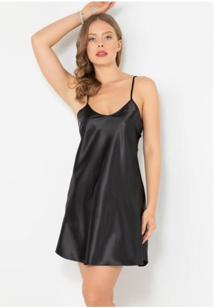 miorre İnce Askılı Mini Saten Gecelik Yeni Sezon (1 Adet Ekonomik),Siyah L/Xl