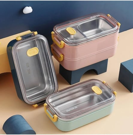 Vagonlife Bento Lunch Box Ofis-Okul İçin Yeni Nesil Sefer Tası 2 kat Taşıma Kulplu Çelik FF367 Lacivert