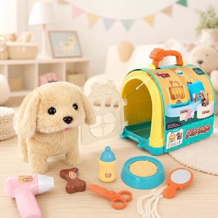 VARDEM Taşıma Çantalı Hareketli Pilli Köpek Seti, Pet Shop Oyuncak Köpek, Sesli ve Yürüyen Evcil Hayvan Oyuncağı, Aksesuarlı Çantalı Köpek Bakım Seti JND-3615