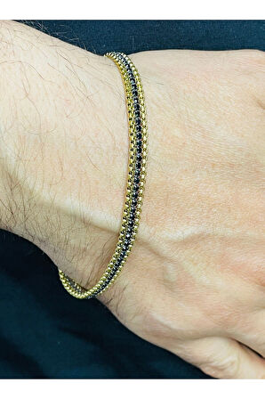 Paslanmaz Çelik Ezme Yılan Sırtı Siyah Zirkon Taşlı Erkek Bileklik