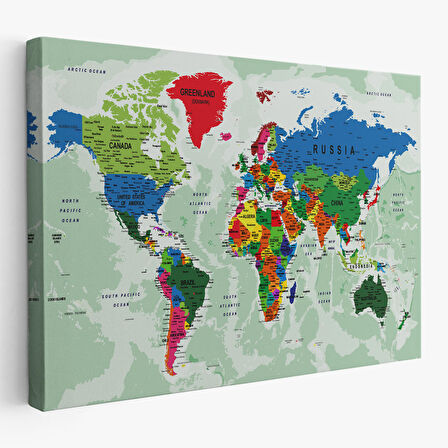 Harita Sepeti Dünya Haritası Son Derece Ayrıntılı Eğitici Okyanuslu Dekoratif Kanvas Tablo 2553
