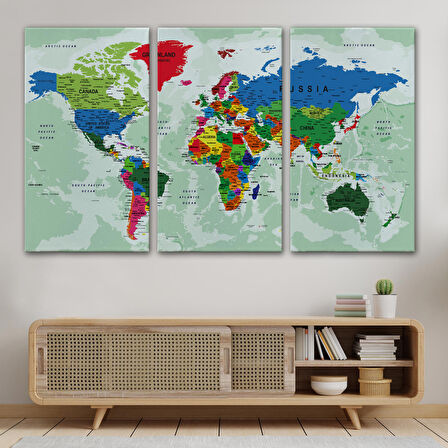 Harita Sepeti Dünya Haritası Son Derece Ayrıntılı Eğitici Okyanuslu Dekoratif Kanvas Tablo 2553