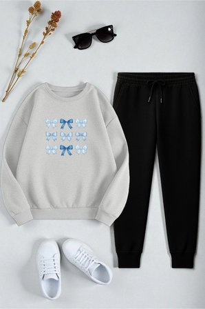 Unisex Kurdele Tasarım Baskılı Bisiklet Yaka Sweatshirt 2'li Eşofman Takımı
