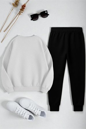 Unisex Kurdele Tasarım Baskılı Bisiklet Yaka Sweatshirt 2'li Eşofman Takımı