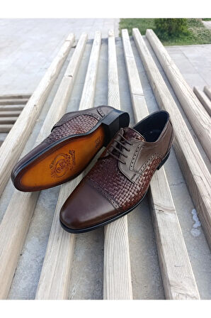 Erkek Yazlık Kundura Tasarım Harikası Tamamen El Yapımı Hakiki Kösele İç Dış Deri Kahve Rengi Örgü