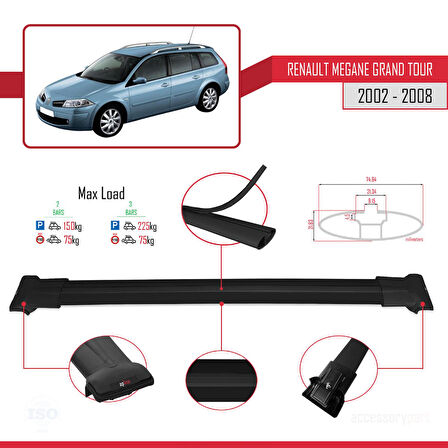 Renault Megane Grand Tour 2002-2008 Arası ile Uyumlu FLY Model Ara Atkı Tavan Barı Siyah 2 Adet