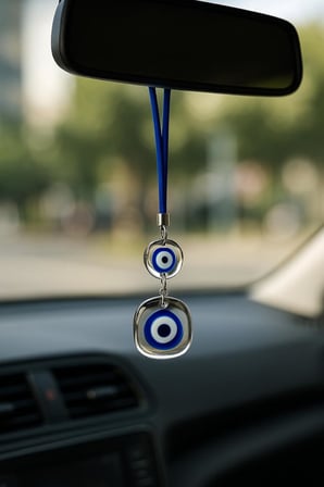 Gerçek Cam Nazar Boncuğu Araba Dikiz Aynası Süsü – Çift Cam Mavi Boncuklu, El Yapımı Premium Araç Aksesuarı, Şans &amp; Koruma Sembolü, Evil Eye Car Rearview Mirror Charm