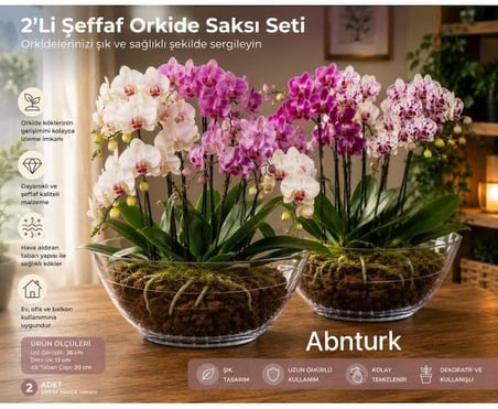 2'li Şeffaf Orkide Saksısı Seti – Dekoratif Plastik Orkide Kabı, Geniş Tasarım Saksı