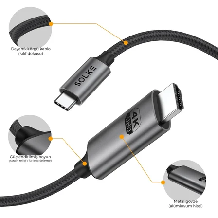 USB-C to HDMI Kablo, 2 Metre, 4K60Hz, 18Gbps, Type-C to HDMI Görüntü Kablosu, Thunderbolt 5/4/3 Uyumlu