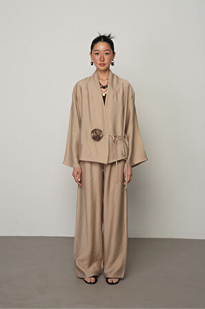 Kadın Gül Detaylı Yandan Bağlamalı Düz Renk Kimono-Ceket