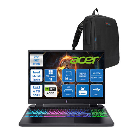 Acer nitro AN16 Intel I7 13620H 64GB Ddr5 4tb SSD 6GB/RTX4050 16'' Wuxga (1920X1200) IPS 165Hz Nvıdıag-Sync WIN11HOME Gaming Laptop NHQJMEY007H20+ZETTAÇANTA