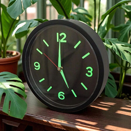 Fosforlu Duvar Saati Kabartma Rakam Küçük Saat Çap 22 Cm Siyah