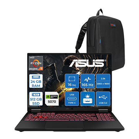Asus Tuf Gaming A16 FA608PP Amd Ryzen 9 8940HX Aı 24GB Ddr5 512GB SSD 8GB/RTX5070 115W 165Hz 16"wqxga 2.5k 400NITS IPS Freedos Gaming Bilg. WQT060F02+ZETTAÇANTA