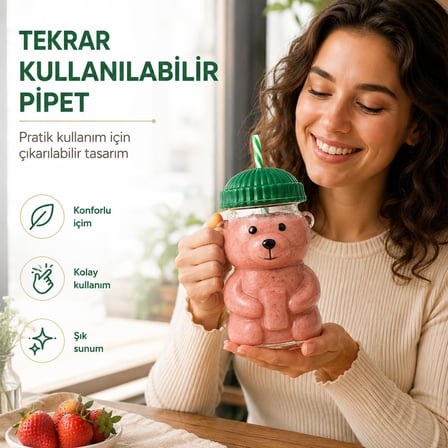 SOGUD Cam Bardak - 580 ml Pipetli Soğuk İçecek Bardağı - Borosilikat Cam Kupa - Ayıcıklı Figürlü Barista Kahve Bardağı - Smoothie Limonata Ice Tea Kokteyl ve Meyve Suyu İçin Yazlık Sunum(Asorti Renk)