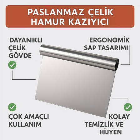 Paslanmaz Çelik Hamur Kazıyıcı, Ergonomik Saplı, Çok Amaçlı Hamur Kesici ve Tezgah Temizleyici Mutfak Spatulası