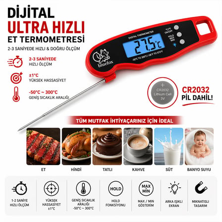 Dijital Hızlı Okunan Mutfak Termometresi - Mıknatıslı, Katlanabilir, Arkadan Aydınlatmalı Ekran, 240° Dönebilen Prob, -50°C-300°C Aralığı