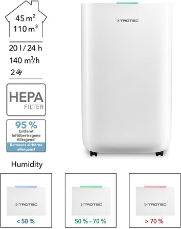 TTK 70 HEPA Nem Alma Cihazı ve Hava Temizleyici | 50 m² / 125 m³'e kadar odalar için uygundur | Su haznesi yakl. 6,5 litre