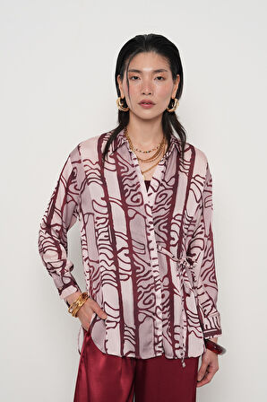 KADIN BELDEN BAĞLAMA DETAYLI DESENLİ GÖMLEK