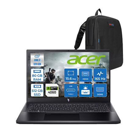 Acer Nitro V 15 ANV15 Intel Core I7 13620H 80GB Ddr5 512GB SSD 8GB/RTX4060 75W 15.6" Fhd IPS 165HZ Freedos Gaming Laptop NHQQEEY002F22+ZETTAÇANTA