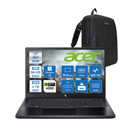 Acer Nitro V 15 ANV15 Intel Core I7 13620H 96GB Ddr5 4tb SSD 8GB/RTX4060 75W 15.6" Fhd IPS 165HZ Windows 11 Pro Gaming Laptop NHQQEEY002W30+ZETTAÇANTA