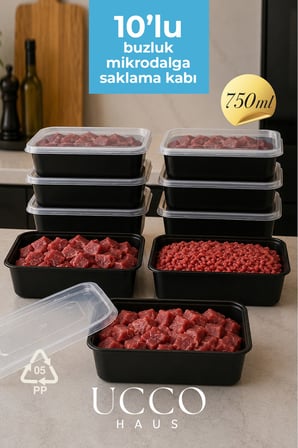 750 ml Kapaklı Buzluk Mikrodalga Saklama Kabı - 10 Adet- Et, Kıyma, Yemek, Salata Buzdolabı Organizeri