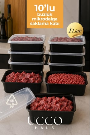 1000 ml Kapaklı Buzluk Mikrodalga Saklama Kabı - 10 Adet- Et, Kıyma, Yemek, Salata Buzdolabı Organizeri