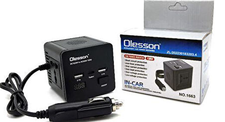 Ayt Olesson 1663 DC 12-24V 150W Oto Araç Power İnverter Type-c  Çift Usb 220V Üniversal Priz Girişli Çevirici