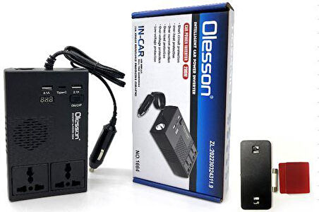 Ayt Olesson 1664 DC 12-24V 200W Oto Araç Power İnverter 1x Çakmak Girişi 1x Type-c 2x Usb 2x 220V Üniversal Priz
