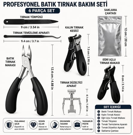 6 Parça Batık Tırnak Makası Seti Profesyonel Pedikür Manikür Bakım Seti B5pp
